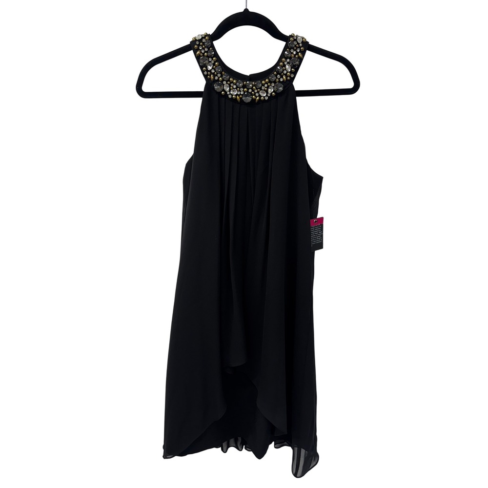Vince Camuto NWT Black Beaded Halter Cocktail LBD Dress Sheer Overlay Sz 4